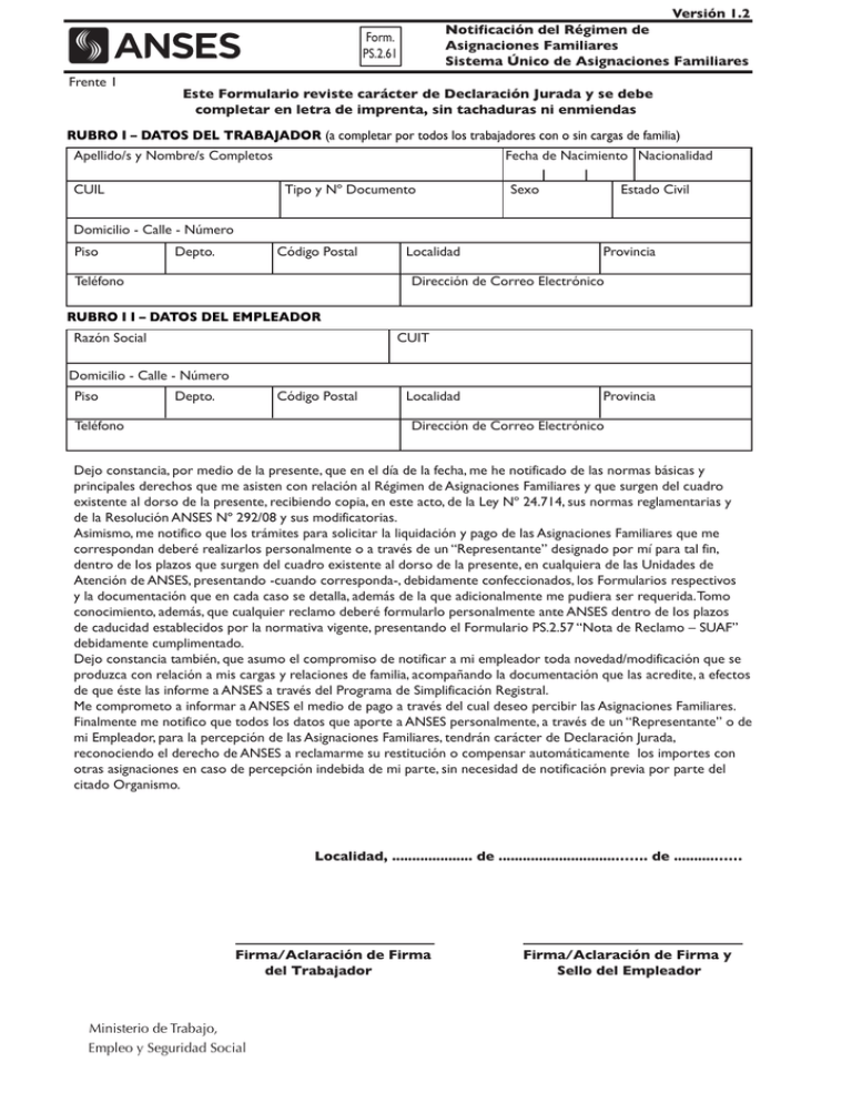 Formulario De La Anses Para Completar El Tr Mite Por Salario Familiar.