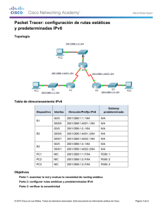 Packet Tracer: configuración de rutas estáticas y predeterminadas IPv6 (instrucciones)