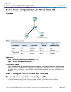Packet Tracer: configuración de una ACL en líneas VTY (instrucciones)