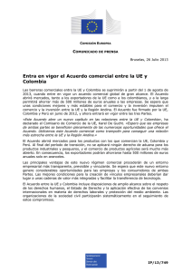 Entra en vigor el Acuerdo comercial entre la UE y Colombia a partir del 01 de agosto de 2013