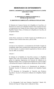 Memorandum de Entendimiento para el Lanzamiento de las Negociaciones Costa Rica-China