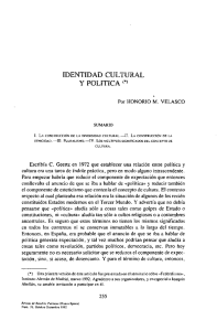 IDENTIDAD CULTURAL Y POLÍTICA *&gt; Por HONORIO M. VELASCO