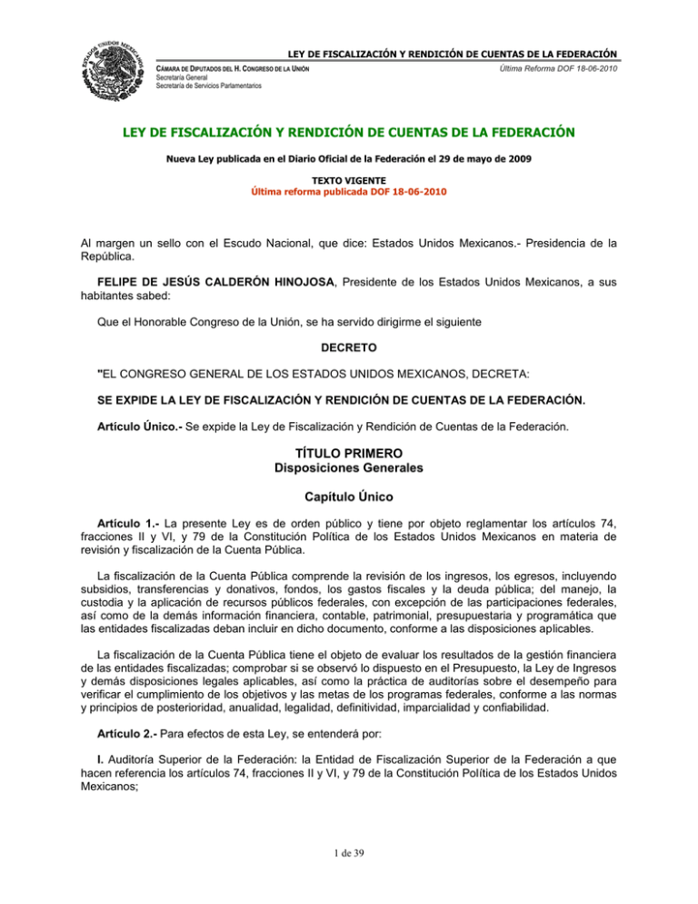 Ley De Fiscalización Y Rendición De Cuentas De La Federación