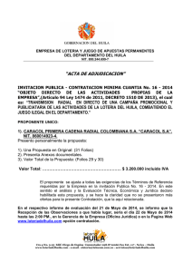 * Acta de adjudicación Invitación Pública 16 - 2014 - Campaña Publicitaria Loteria del Huila combatiendo Juego Ilegal