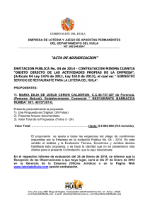 Acta de Adjudicación Invitación Pública 04 - 2014Servicios de Restaurante