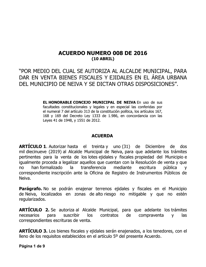 Descargar archivo acuerdo PROYECTO DE ACUERDO 010 DE 2016