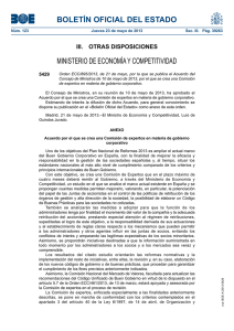 Orden ECC/895/2013, de 21 de mayo, por la que se publica el Acuerdo del Consejo de Ministros de 10 de mayo de 2013, por el que se crea una Comisión de expertos en materia de gobierno corporativo
