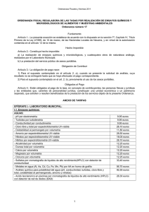 Ordenanza 17. Relación de ensayos químicos y microbiológicos de alimentos y muestras ambientales, y por utilización de aseos públicos.