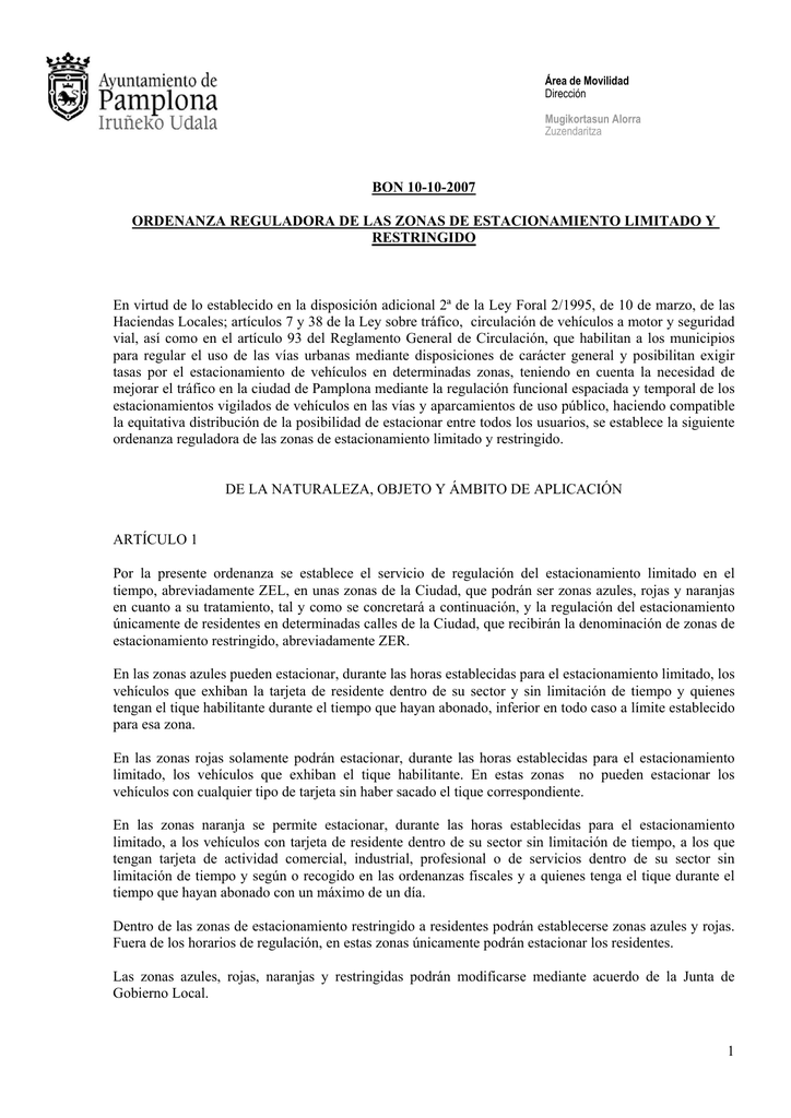 Ordenanza Reguladora De Las Zonas De Estacionamiento Limitado Y ...