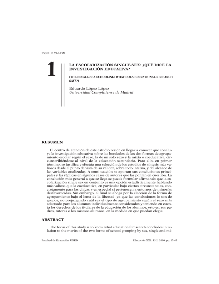 1 La EscolarizaciÓn Single Sex ¿quÉ Dice La InvestigaciÓn Educativa Resumen 0519