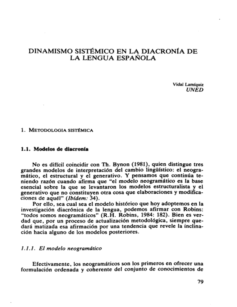 DINAMISMO SISTÉMICO EN LA DIACRONÍA DE LA LENGUA ESPAÑOLA