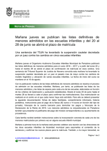 Mañana jueves se publican las listas definitivas de menores admitidos en las escuelas infantiles y del 20 al 28 de junio se abrirá el plazo de matrícu (124.31 Kb)