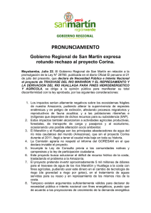 PRONUNCIAMIENTO: Gobierno Regional San Martín, expresa rotundo rechazo al Proyecto Corina...