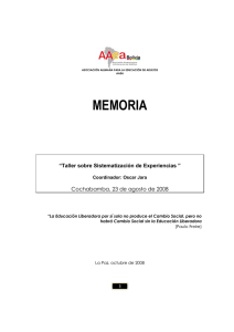 Memoria de taller de sistematización de experiencias, Cochabamba, Bolivia, agosto 2008.