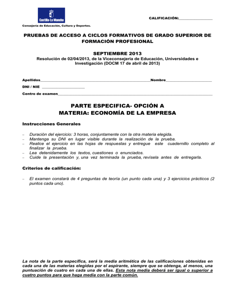 PRUEBAS DE ACCESO A CICLOS FORMATIVOS DE GRADO SUPERIOR DE