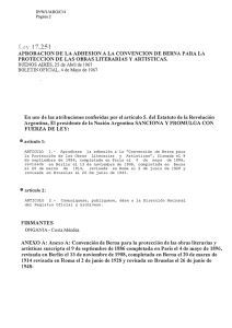 APROBACION DE LA ADHESION A LA CONVENCION  DE BERl�A... PROTECCION DE LAS OBRAS LITERARIAS Y ARTISTICAS.