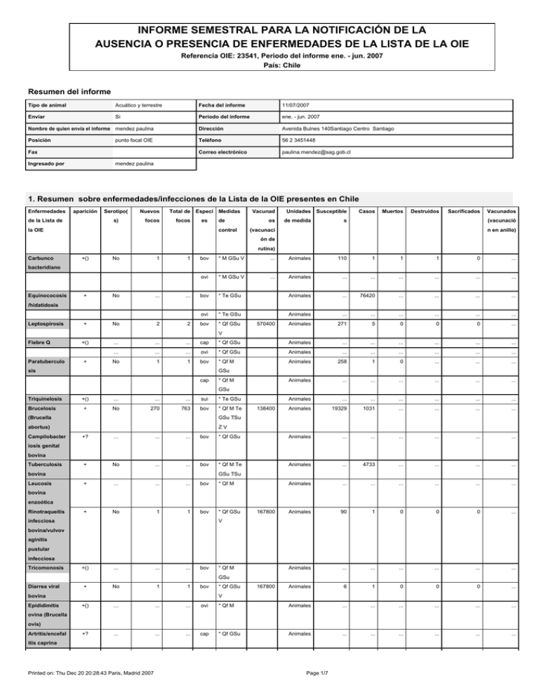 Notificaci n De Ausencia presencia De Enfermedades De La Lista OIE I 