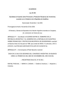 ACUERDOS Ley 25.352 suscripto con el Gobierno de la República de Sudáfrica.