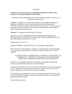 Ley 24.778 Promoción y Protección Recíproca de Inversiones.