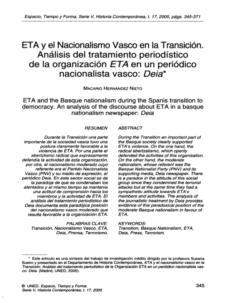ETA y el Nacionalismo Vasco en la Transición. ETA Deia*