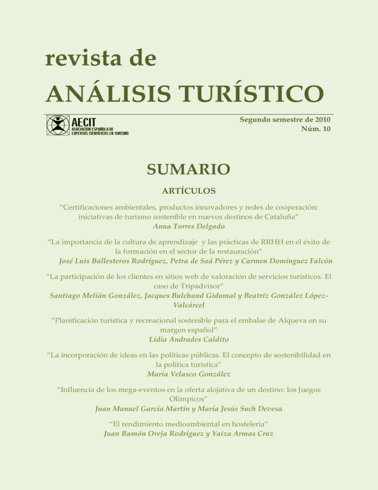 Revista De AN LISIS TUR STICO SUMARIO ART CULOS