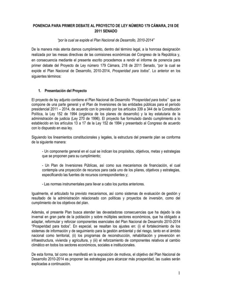 Ponencia Para Primer Debate Al Proyecto De Ley NÚmero 179 2011 Senado