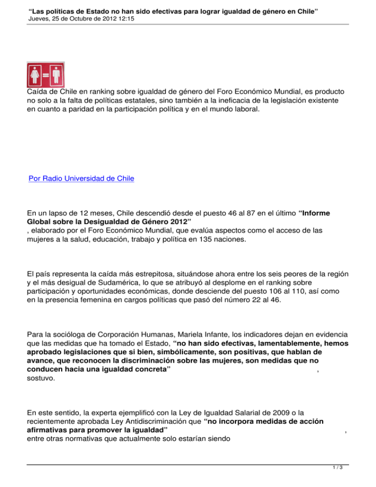 Ca da De Chile En Ranking Sobre Igualdad De G nero Del No Solo A La Falta De Pol ticas 