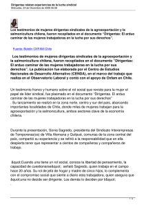 Los testimonios de mujeres dirigentas sindicales de la agroexportación y... salmonicultura chilena, fueron recopilados en el documento “Dirigentas: El arduo