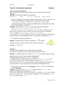 Tema 10. (I) Expresiones algebraicas  Resumen