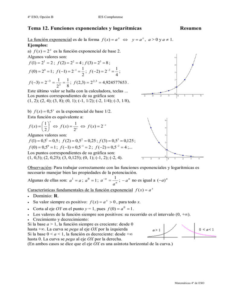 Tema 12 Funciones Exponenciales Y Logarítmicas Resumen 8568