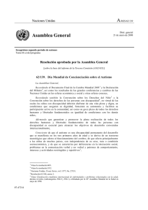 Asamblea general de las Naciones Unidas Declaración del día mundial de concienciación sobre el Autismo