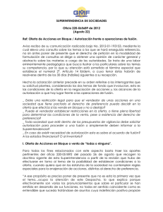 Oficio 220-065689-12 (Oferta de Acciones en Bloque - Autorizacion frente a operaciones de fusion.)