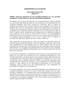 Oficio 220-067724-12 (Fusion por Absorcion de una sociedad Extranjera con una sociedad Colombiana.- Efectos frente a socios de nacionalidad colombia