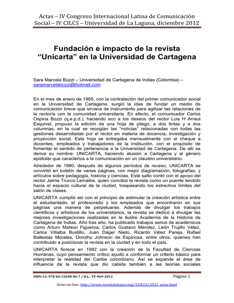 Fundaci N E Impacto De La Revista Unicarta , De La Universidad De Cartagena