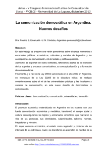 La comunicación democrática en Argentina. Nuevos desafíos , de Dra. Paulina B. Emanuelli, U. N. Córdoba (Argentina)