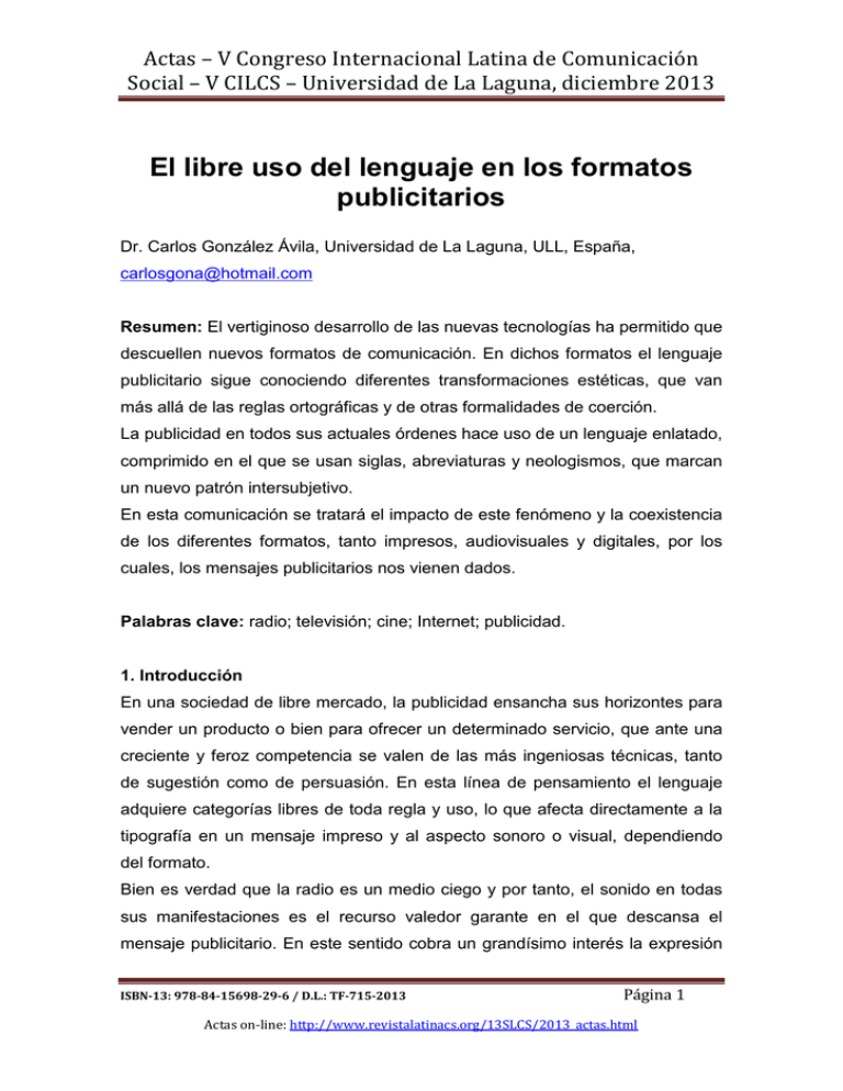 El Libre Uso Del Lenguaje En Los Formatos Publicitarios , De Carlos ...