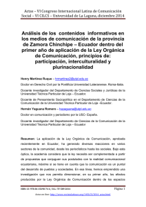 Análisis de los contenidos informativos en los medios de comunicación de la provincia de Zamora Chinchipe  Ecuador dentro del primer año de aplicación de la Ley Orgánica de Comunicación, principios de: participación, interculturalidad y plurinacionalidad, de Henry Martínez Ruque y Hernán Yaguana Romero  Universidad Técnica Particular de Loja (Ecuador)