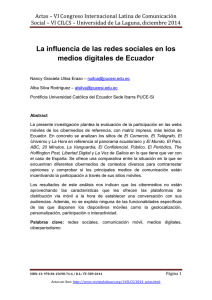 La influencia de las redes sociales en los medios digitales de Ecuador, de Nancy Graciela Ulloa Erazo y Alba Silva Rodríguez  Pontificia Universidad Católica del Ecuador Sede Ibarra PUCE-SI (Ecuador)