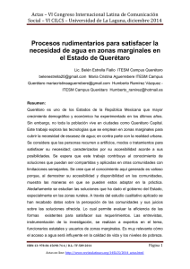 Procesos rudimentarios para satisfacer la necesidad de agua en zonas marginales en el Estado de Querétaro, de Belén Estrella Fiallo, María Cristina Aguerrebere y Humberto Ramírez Vázquez  ITESM (México)