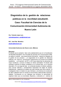 Diagnóstico de la gestión de relaciones públicas en la movilidad estudiantil. Caso: Facultad de Ciencias de la Comunicación-Universidad Autónoma de Nuevo León, de Yolanda López Lara y José Díaz Montalvo  Universidad Autónoma den Nuevo León (México)