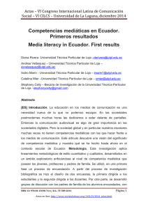 Competencias mediáticas en Ecuador. Primeros resultados, de Diana Rivera, Andrea Velásquez, Isidro Marín, Catalina Mier y Stephany Celly  Universidad Técnica Particular de Loja (Ecuador)