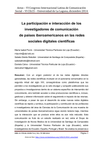 La participación e interacción de los investigadores de comunicación de países iberoamericanos en las redes sociales digitales científicas, de María Isabel Punín Universidad T cnica Particular de Loja (Ecuador); Sabela Direito Rebollal Universidad de Santiago de Compostela (Espa a) y Daniela Calva  Universidad Técnica Particular de Loja (Ecuador)