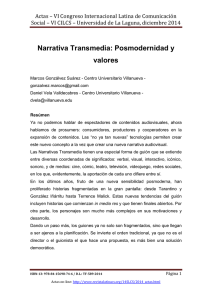 Narrativa Transmedia: Posmodernidad y valores, de Marcos Gonzálvez Suárez y Daniel Vela Valldecabres  Centro Universitario Villanueva (España)