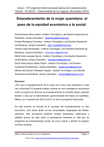 Empoderamiento de la mujer queretana: el paso de la equidad económica a la social, de David Eduardo Mora Godoy, Andrea Rodríguez Cervantes, Ximena López Mondragón, María Clara Luengas García, Diana Paola García Núñez Payán, Mónica del Carmen Chehaibar Grayeb  Instituto Tecnológico y de Estudios Superiores de Monterrey, campus Querétaro (M xico)