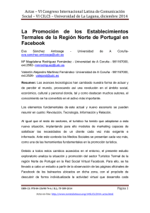 La Promoción de los Establecimientos Termales de la Región Norte de Portugal en Facebook, e Eva Sánchez Amboage, Mª Magdalena Rodríguez Fernández y Valentín Alejandro Martínez Fernández  Universidad de A Coruña (España)