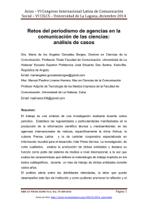 Retos del periodismo de agencias en la comunicación de las ciencias: análisis de casos, de Dra. María de los Ángeles González Borges  Universidad de La Habana/ Escuela Superior Politécnica José Eduardo Dos Santos (Cuba/Rep blica de ngola) y Msc. Manuel Paulino Linares Herrera - Universidad de La Habana (Cuba)