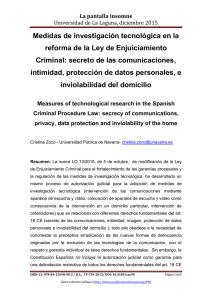 Medidas de investigación tecnológica en la reforma de la Ley de Enjuiciamiento Criminal: secreto de las comunicaciones, intimidad, protección de datos personales, e inviolabilidad del domicilio, de Cristina Zoco  Universidad Pública de Navarra