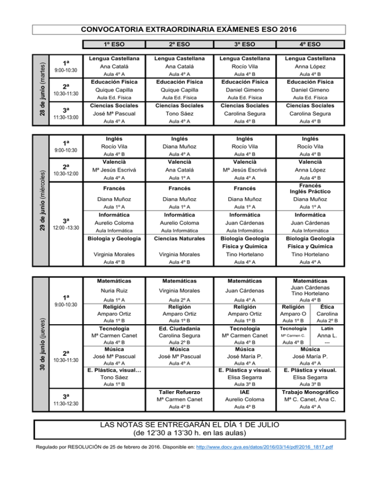 CALENDARIO EXÁMENES Junio 2016