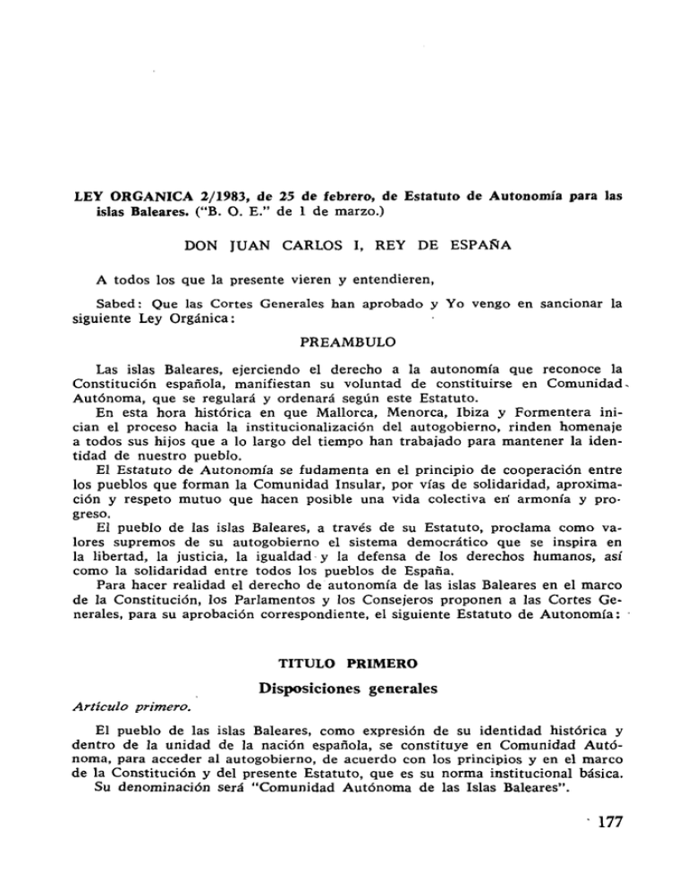 LEY ORGÁNICA 2/1983, De 25 De Febrero, De Estatuto De... Islas Baleares ...