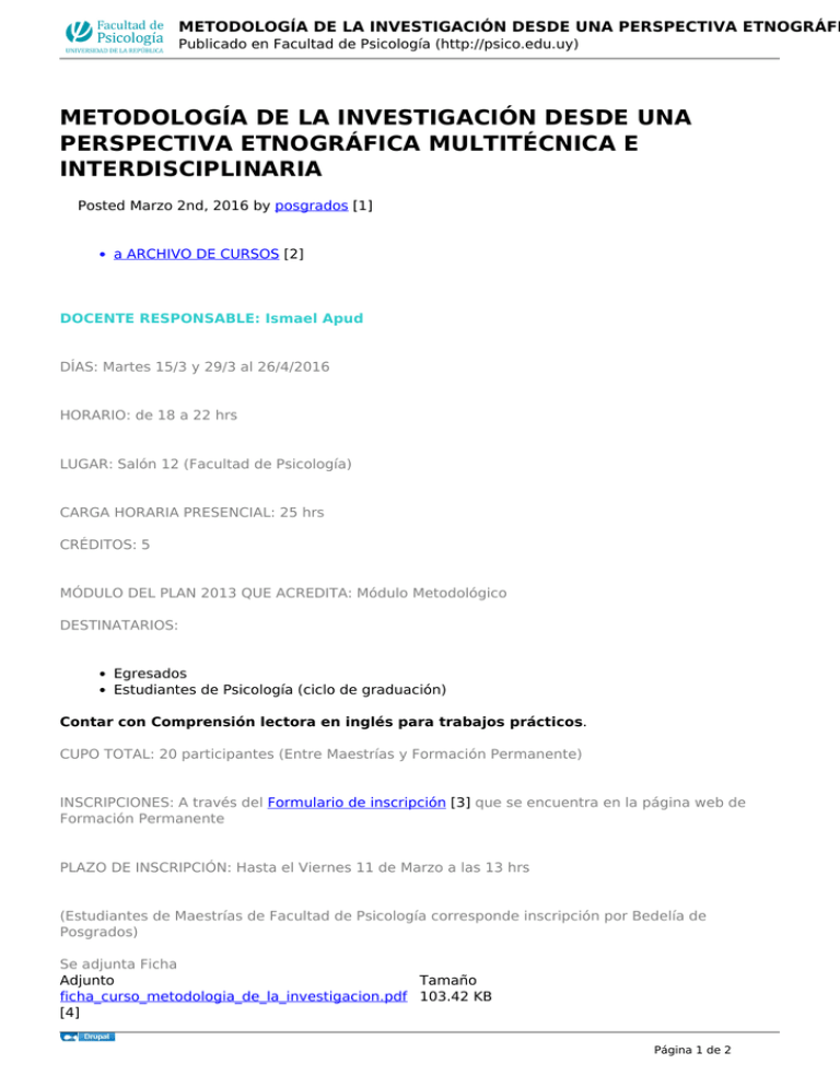 METODOLOG A DE LA INVESTIGACI N DESDE UNA PERSPECTIVA ETNOGR FICA 